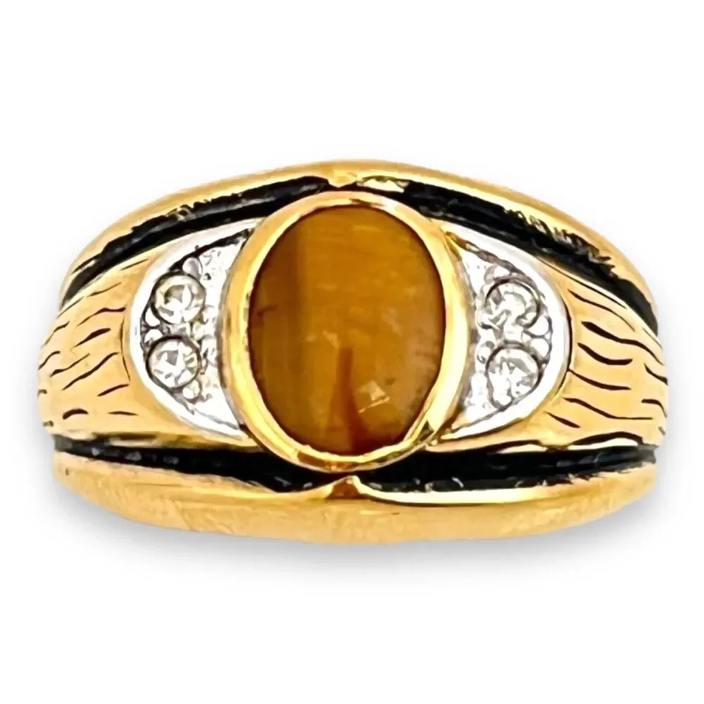 Vintage 1960s Ring Uncas Size 10 Tiger's Eye Gold Plate Mid-Century Gent's - 14N